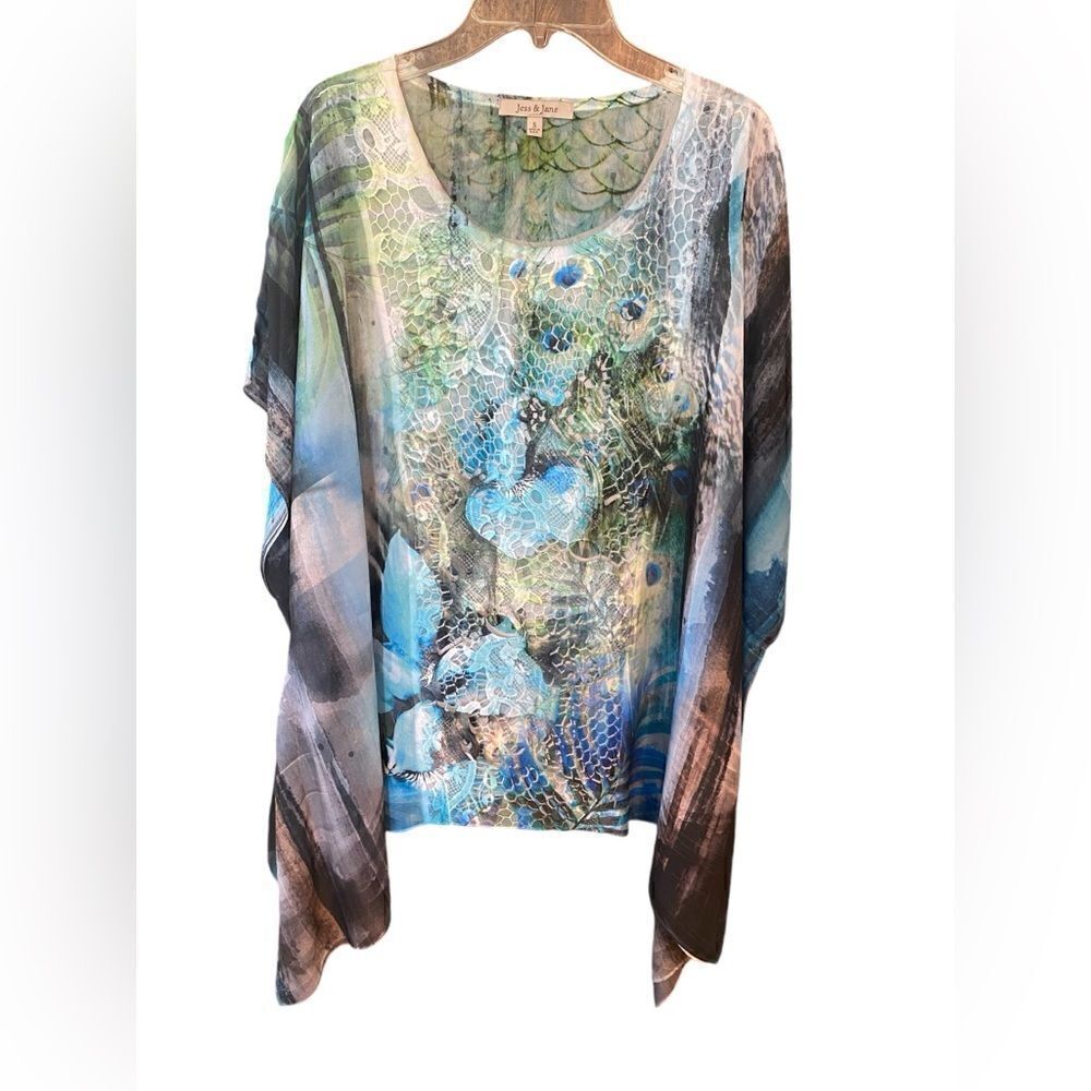 Jess & Jane Sz S Green Peacock Flowy Kimono Sleeves Lightweight Elegant Top